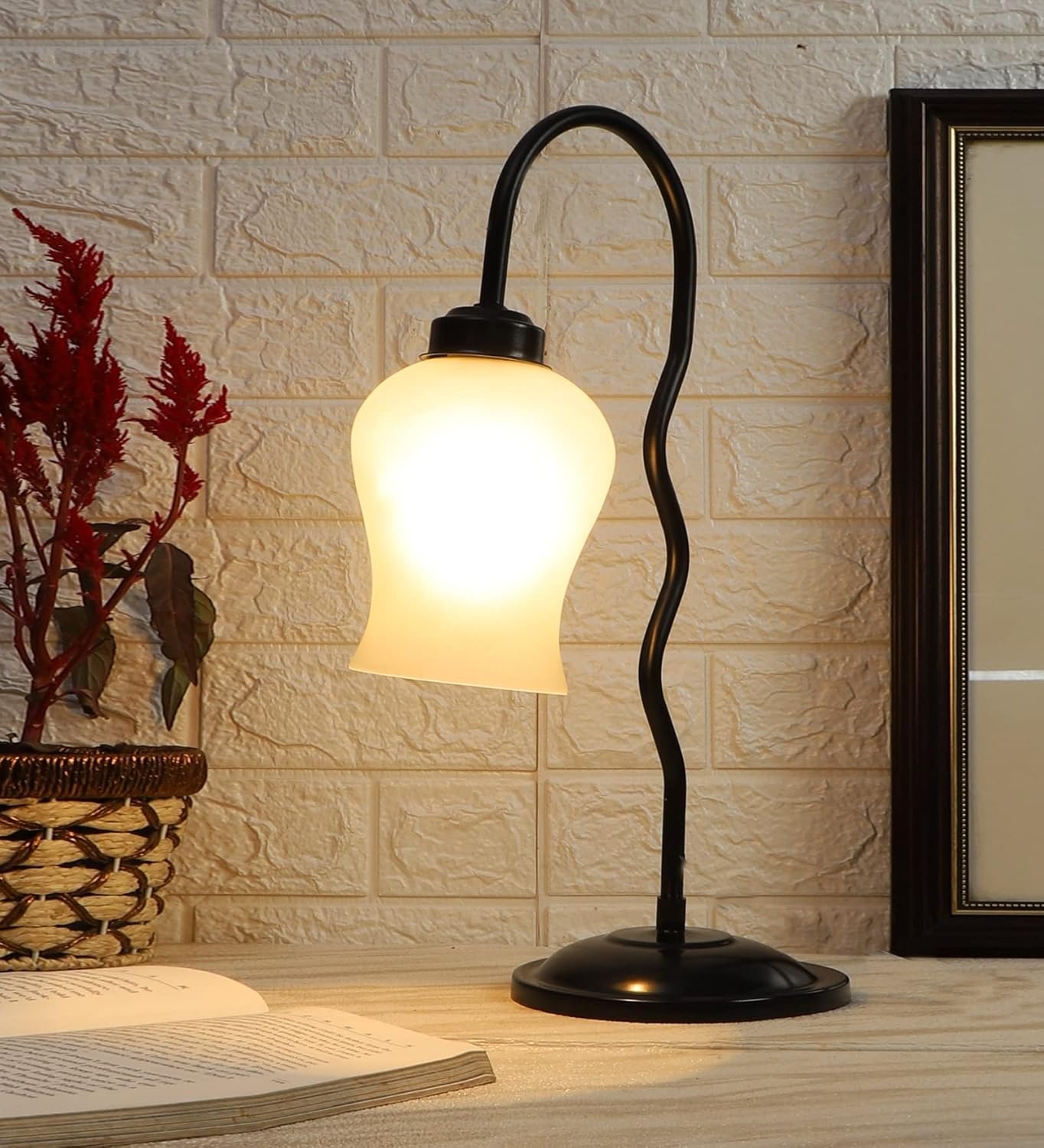 Milky Frosted Glass Zig Zag Curvy Table lamp with Iron Base for Home/Office/Gifting - (Size : 11x4.25x18.9Inches) (SP46)
