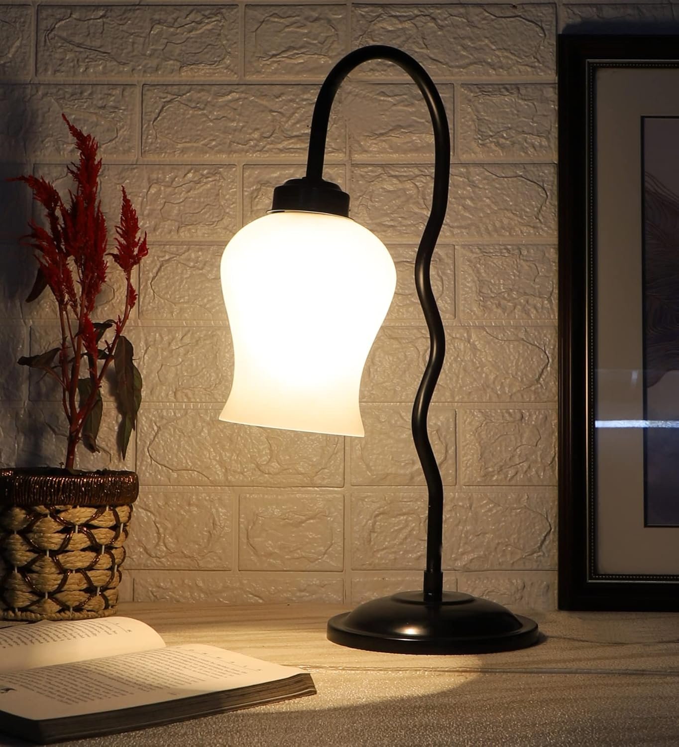Milky Frosted Glass Zig Zag Curvy Table lamp with Iron Base for Home/Office/Gifting - (Size : 11x4.25x18.9Inches) (SP46)