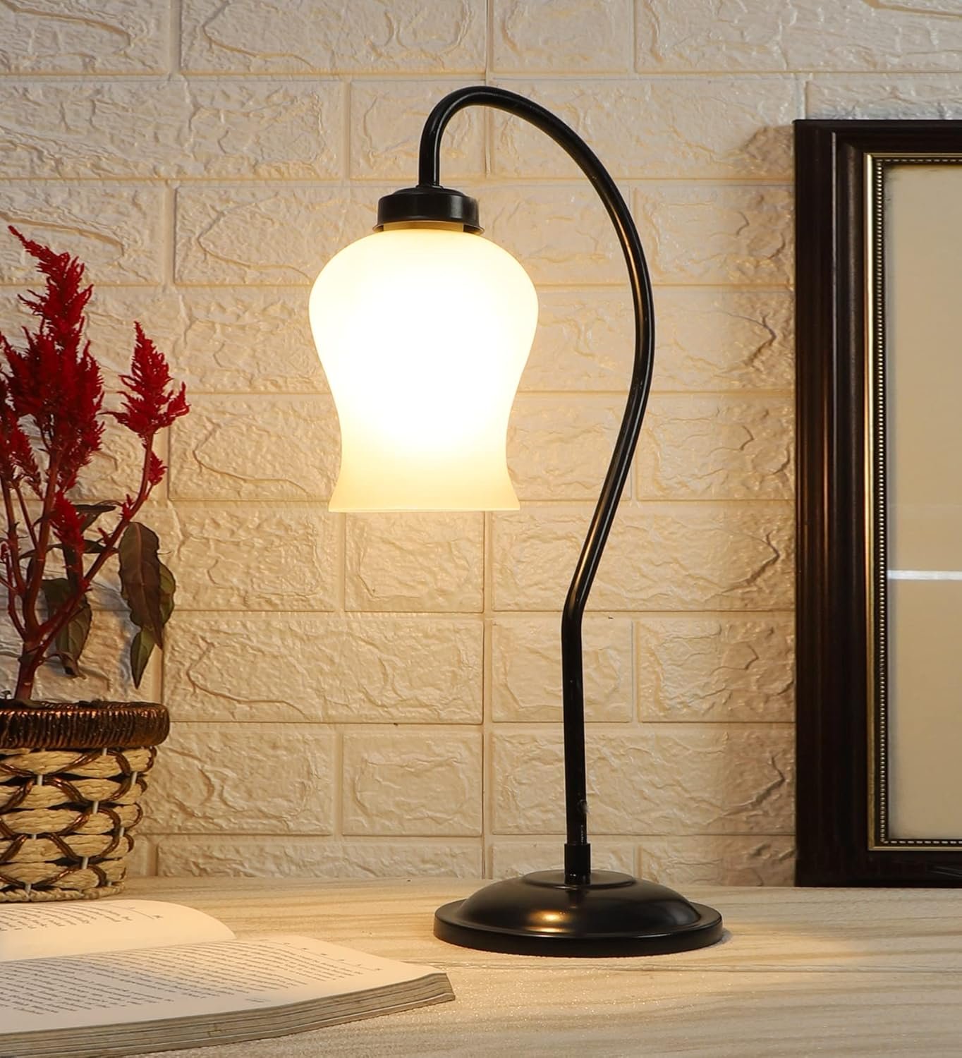 Milky Frosted Glass Curvy Table lamp with Iron Base for Home/Office/Gifting - (Size : 9x4.25x19.75Inches) (SP47)
