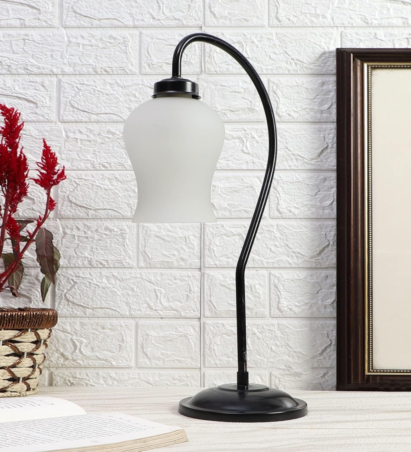 Milky Frosted Glass Curvy Table lamp with Iron Base for Home/Office/Gifting - (Size : 9x4.25x19.75Inches) (SP47)