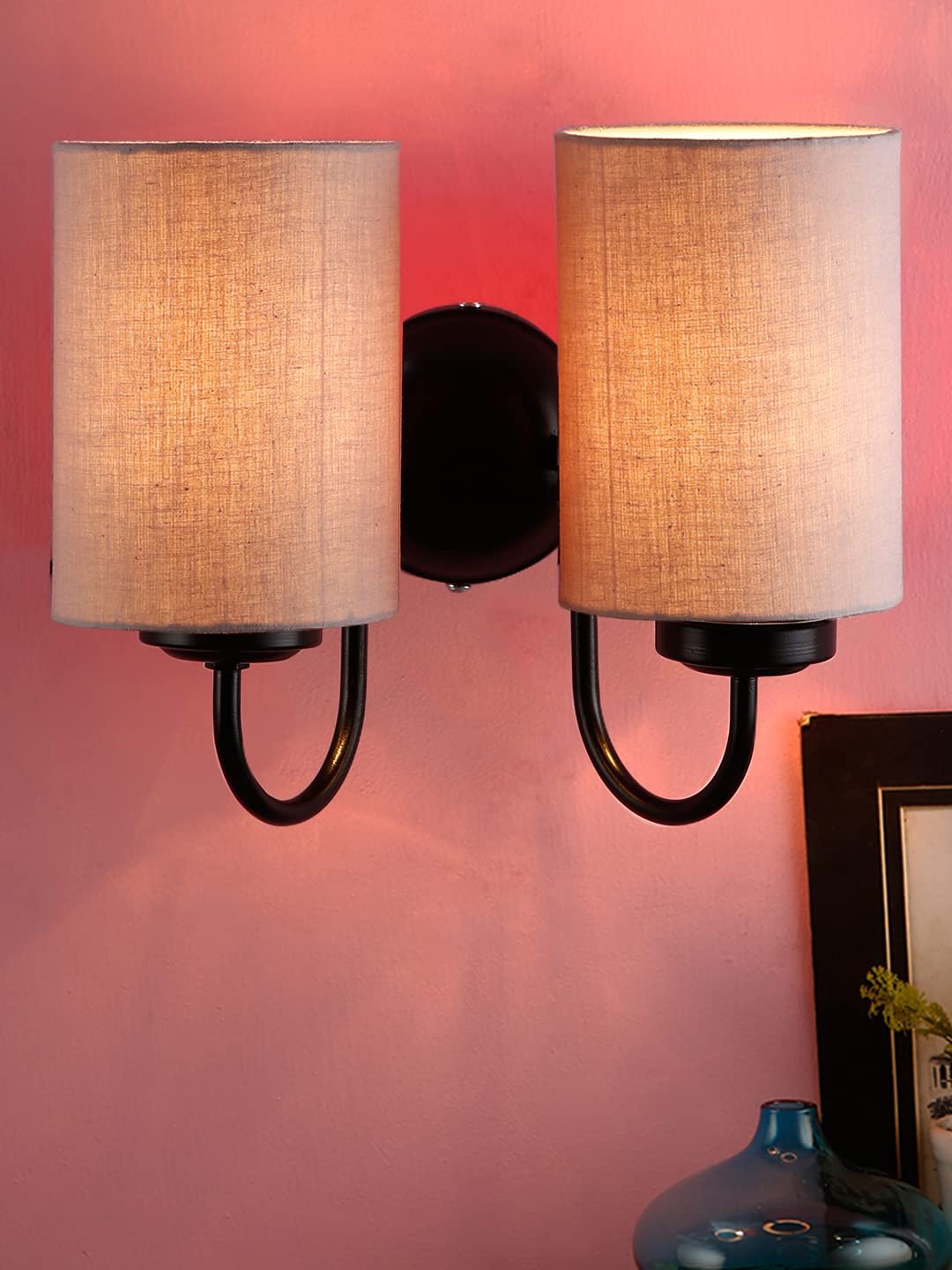 Grey Cotton Double Wall Mounted lamp with Black Base