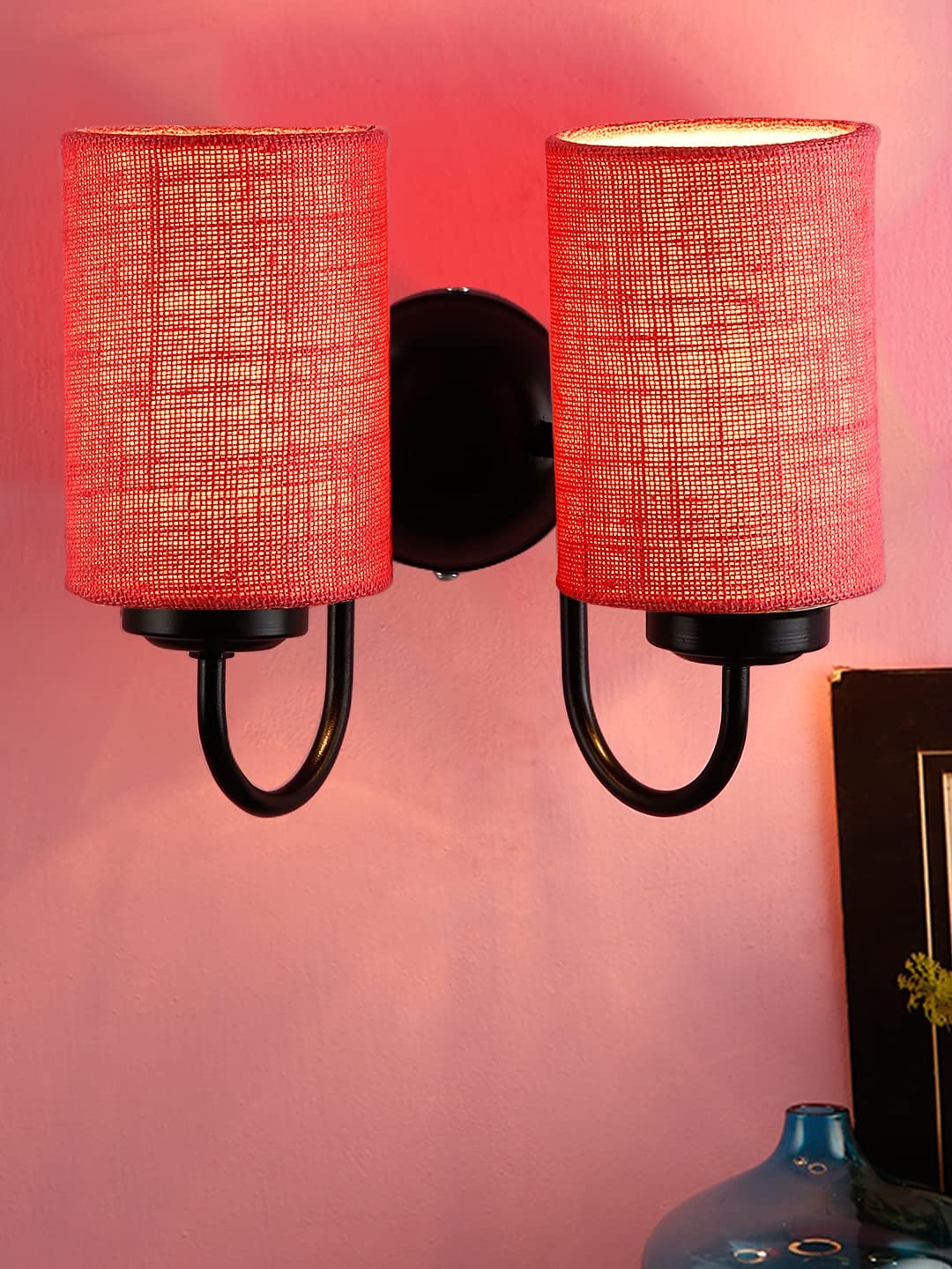 Pink Jute Double Wall Mounted lamp with Black Base