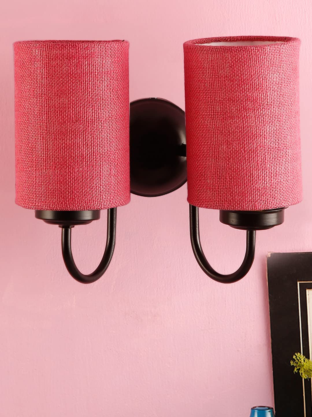 Pink Jute Double Wall Mounted lamp with Black Base