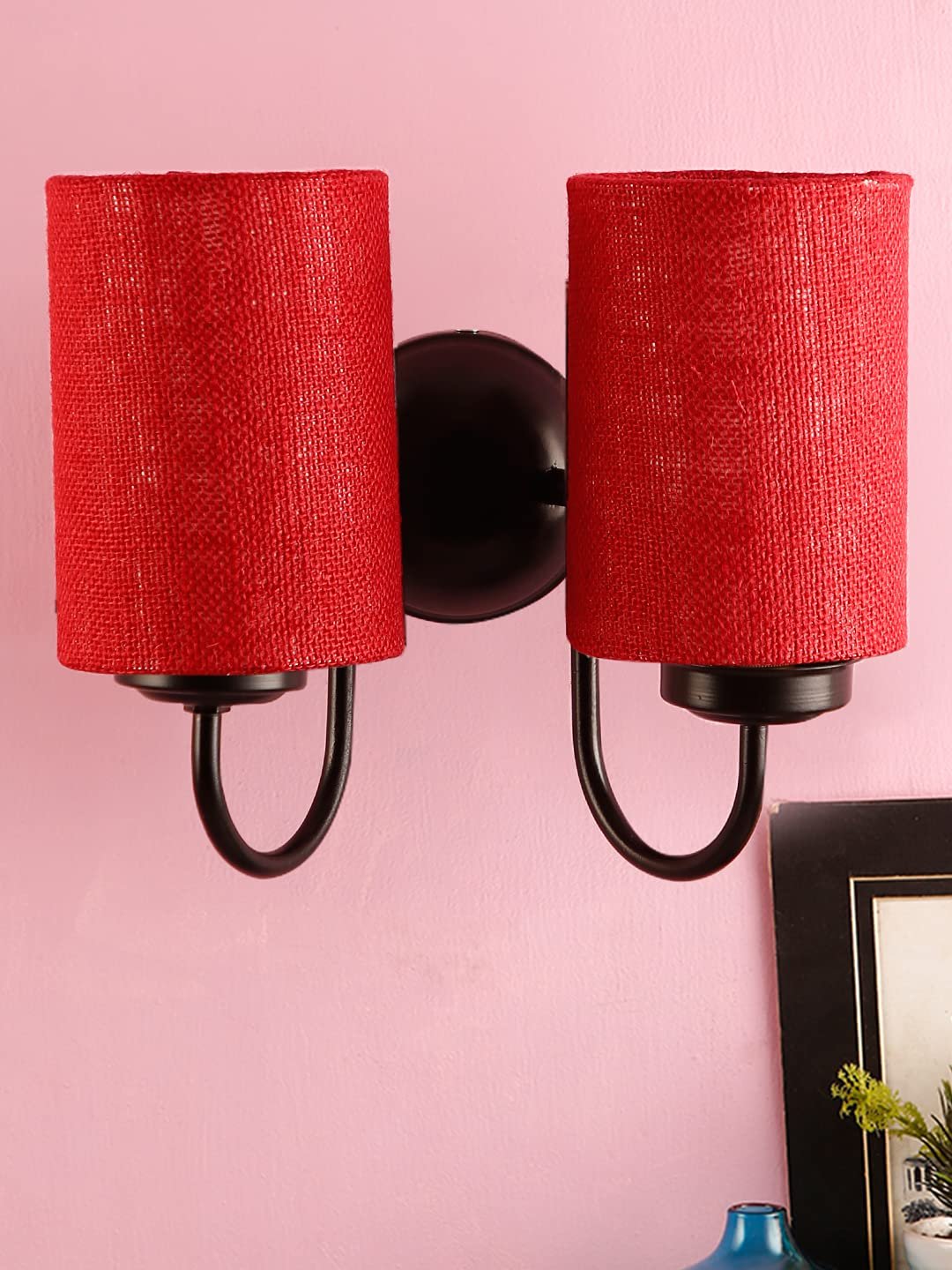 Maroon Jute Double Wall Mounted lamp with Black Base