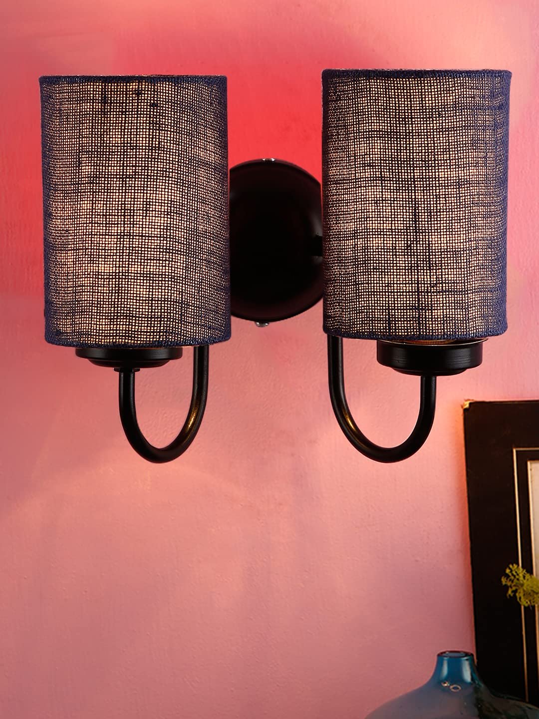 Blue Jute Double Wall Mounted lamp with Black Base
