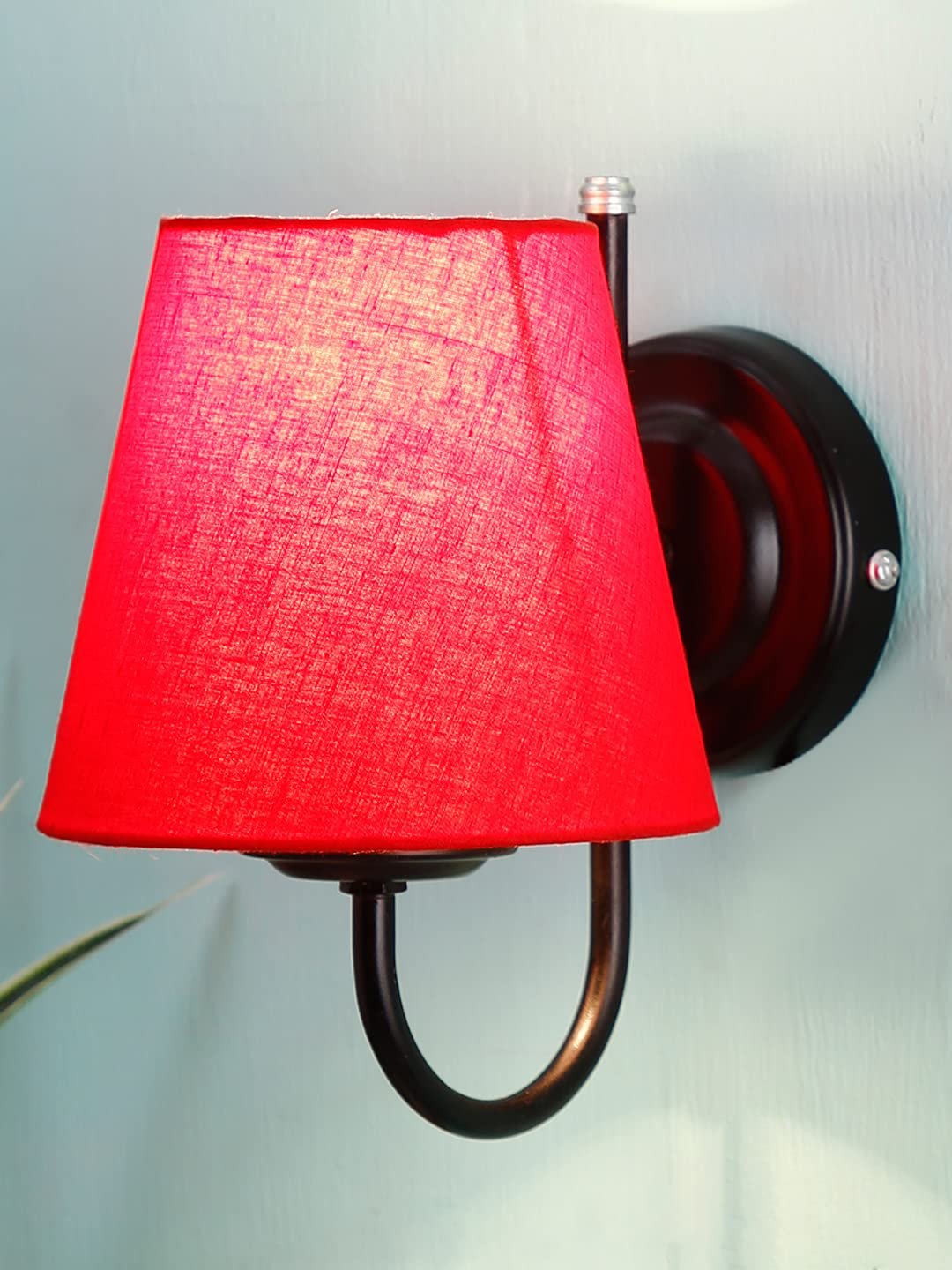 Red conical Cotton Wall Mounted lamp with Black Base