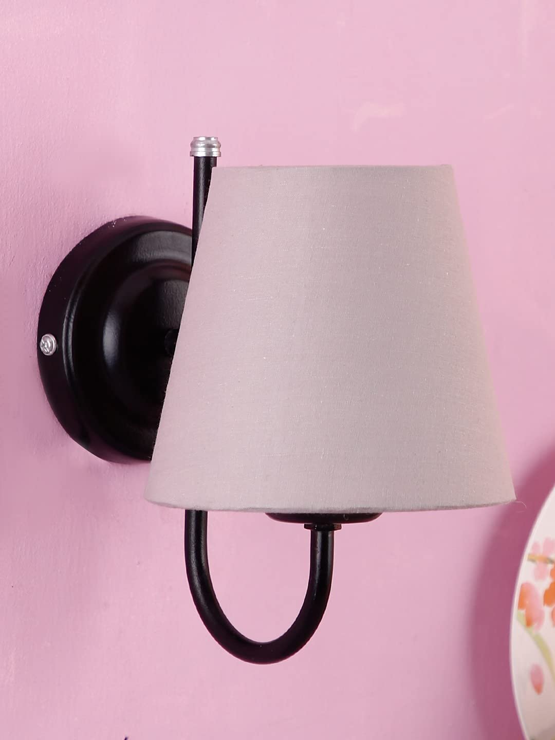 Grey conical Cotton Wall Mounted lamp with Black Base