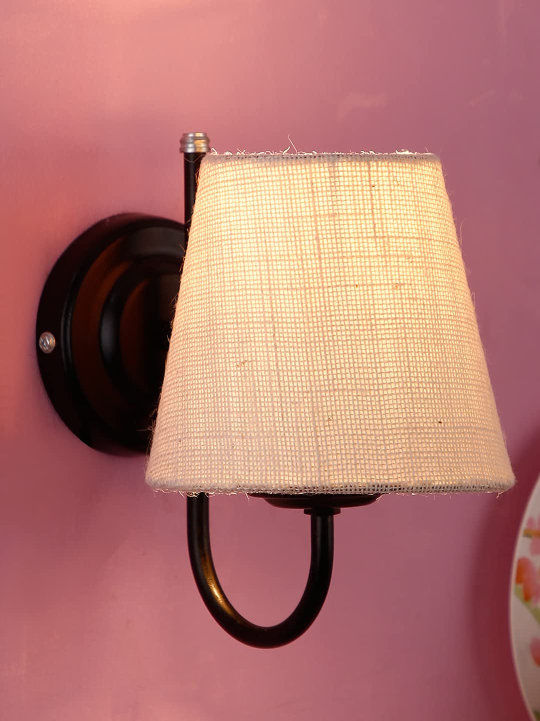 White Jute conical Wall Mounted lamp with Black Base
