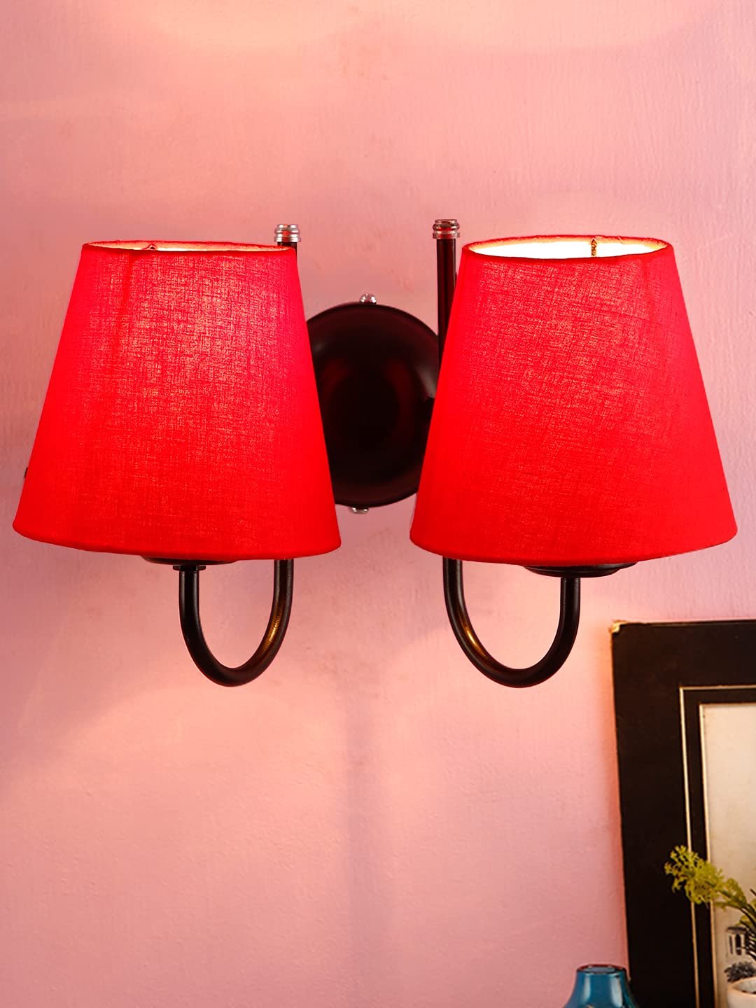 Red conical Cotton Double Wall Mounted lamp with Black Base