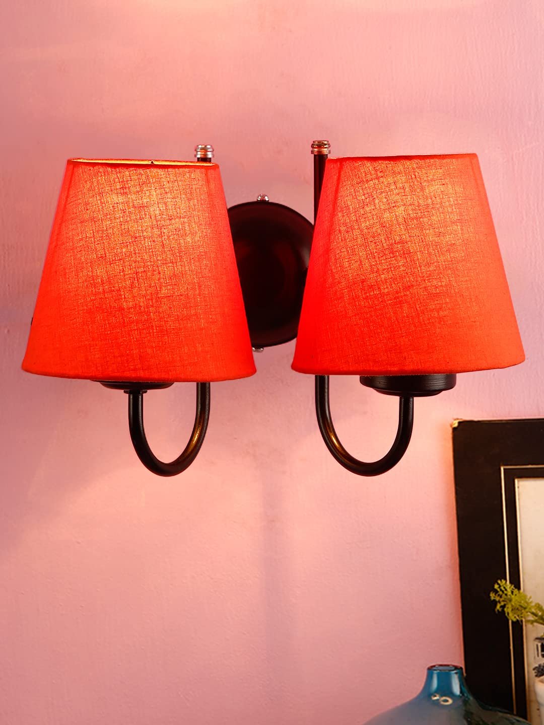 Orange conical Cotton Double Wall Mounted lamp with Black Base