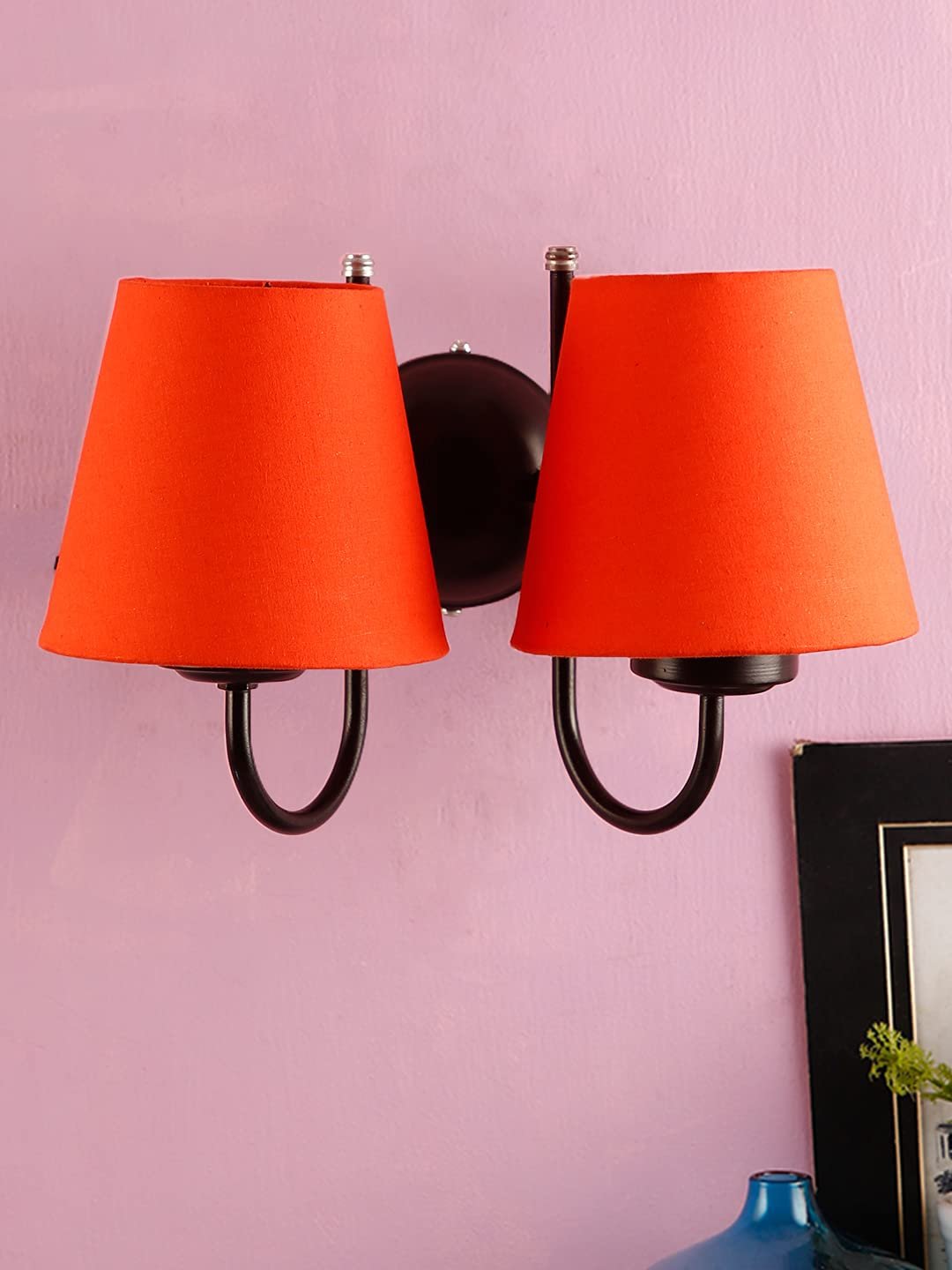 Orange conical Cotton Double Wall Mounted lamp with Black Base