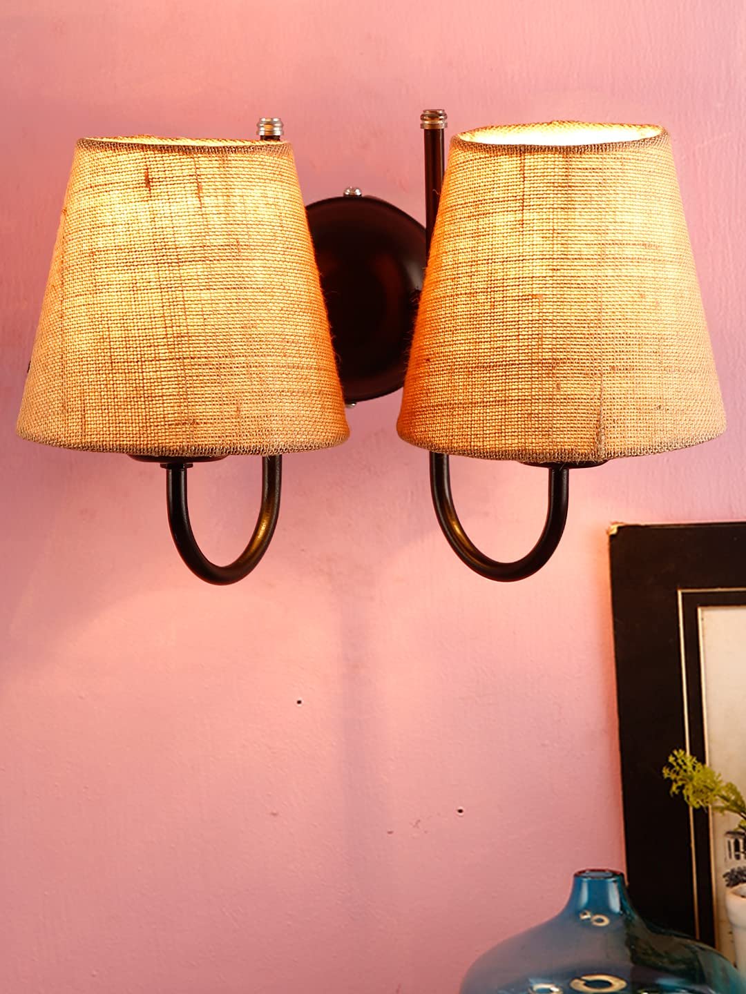Beige Jute conical Double Wall Mounted lamp with Black Base