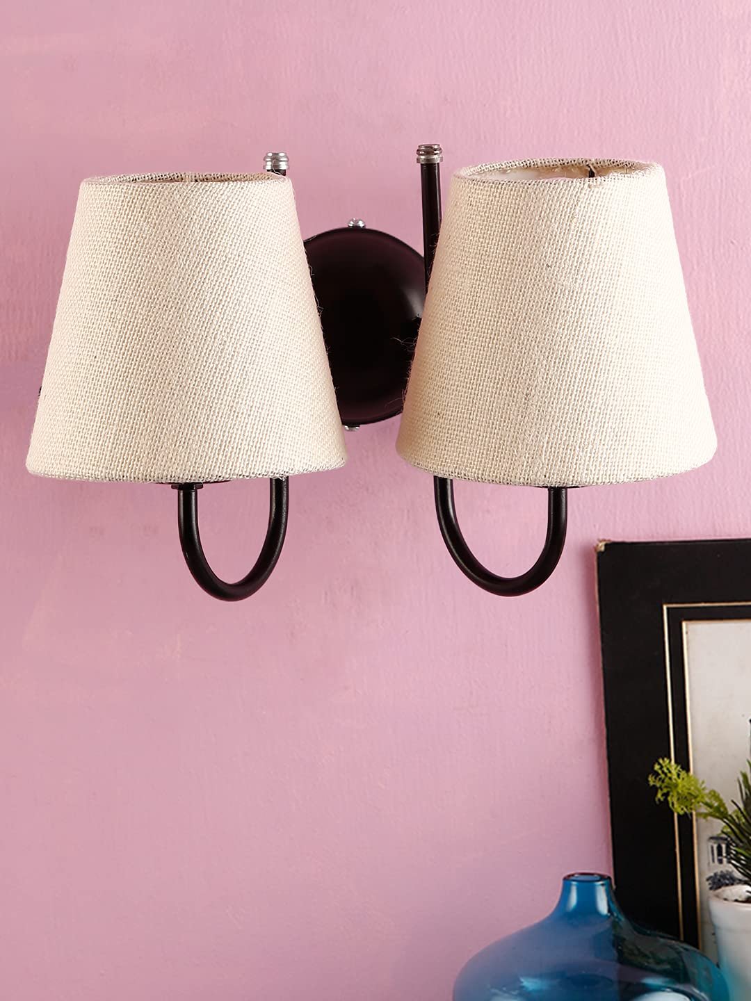 White Jute conical Double Wall Mounted lamp with Black Base