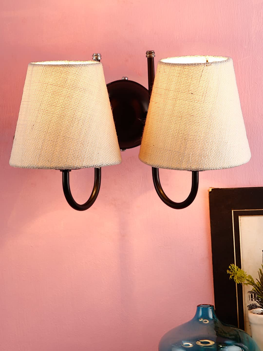 White Jute conical Double Wall Mounted lamp with Black Base