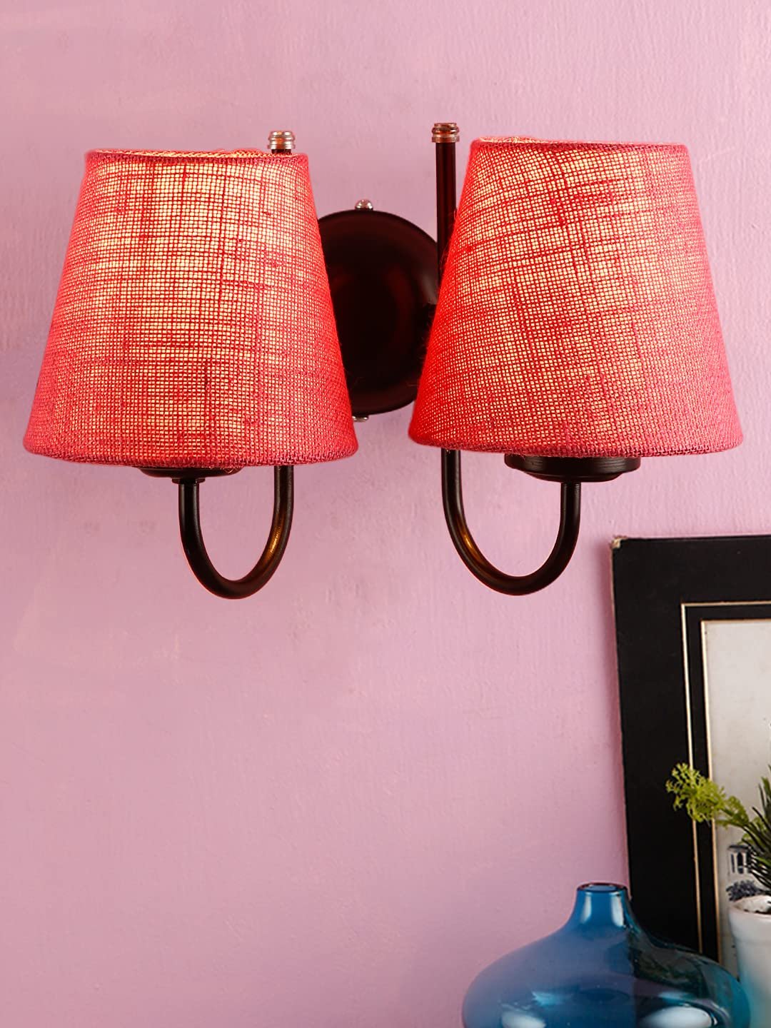 Pink Jute conical Double Wall Mounted lamp with Black Base