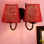 Maroon Jute conical Double Wall Mounted lamp with Black Base