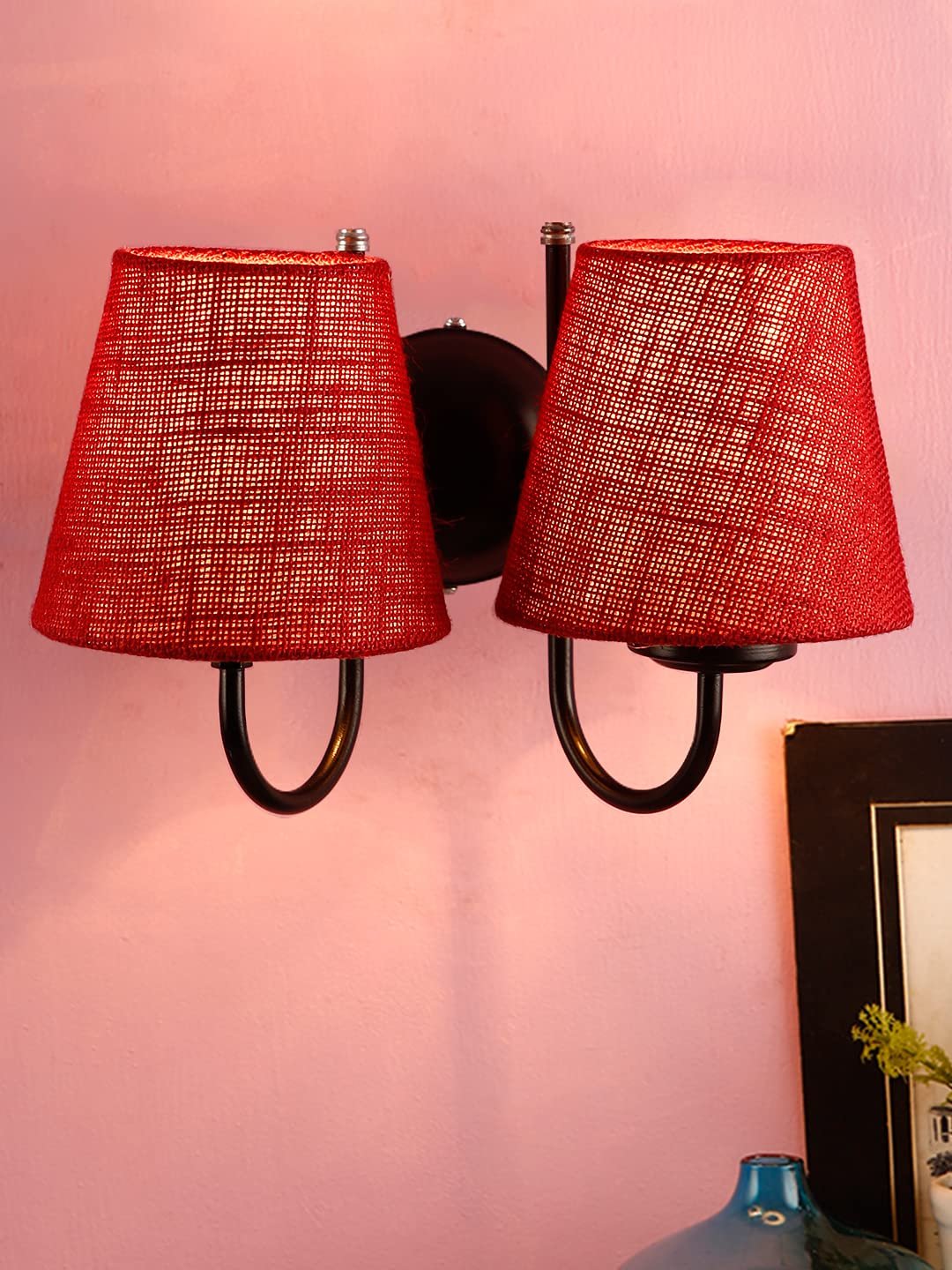 Maroon Jute conical Double Wall Mounted lamp with Black Base