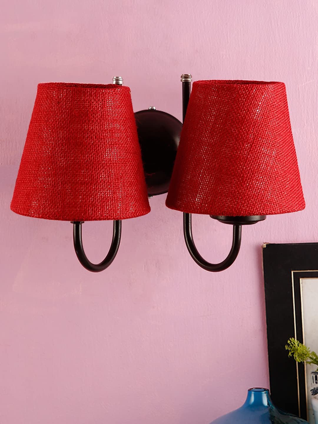 Maroon Jute conical Double Wall Mounted lamp with Black Base