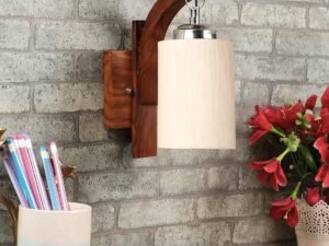 Wooden Wall Lamp, Wall Decor, Wall Hanging Wood Light lamp,Vintage Wall Lamps, Industrial Wall Lights Decorative Home, Living Room, Indoor Outdoor Lighting-Off White Cotton Shade
