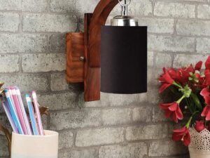 Wooden Wall Lamp, Wall Decor, Wall Hanging Wood Light lamp,Vintage Wall Lamps, Industrial Wall Lights Decorative Home, Living Room, Indoor Outdoor Lighting-Black Cotton Shade