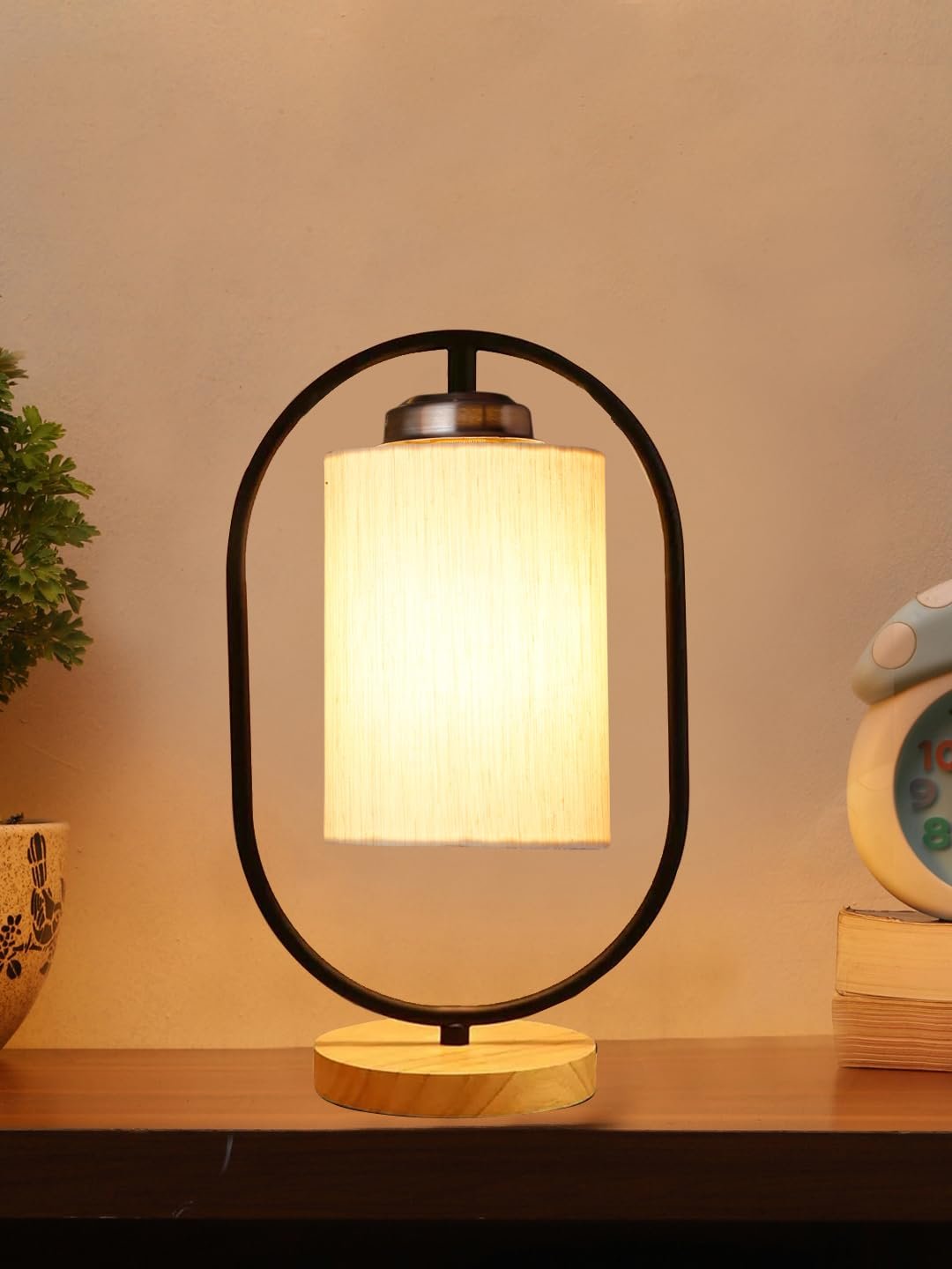 Off-White Cotton Wooden & Iron Table Lamp -17 Inch Height -A