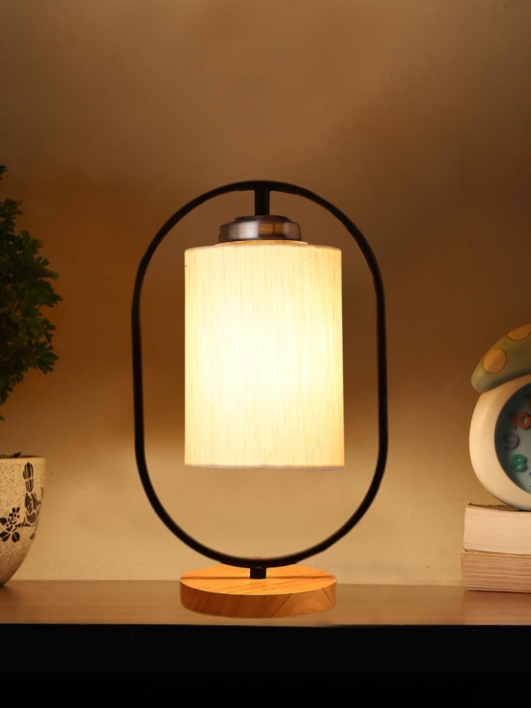 Off-White Cotton Wooden & Iron Table Lamp -17 Inch Height -A