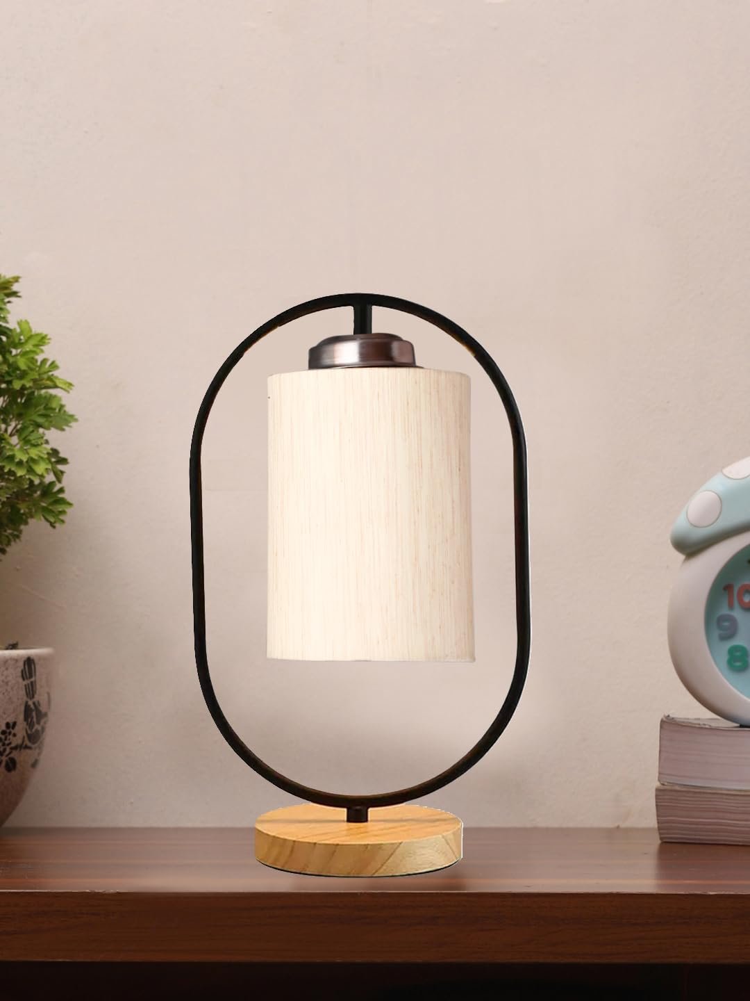 Off-White Cotton Wooden & Iron Table Lamp -17 Inch Height -A