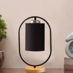 Black Cotton Drum Wooden & Iron Table Lamp -17 Inch Height -B