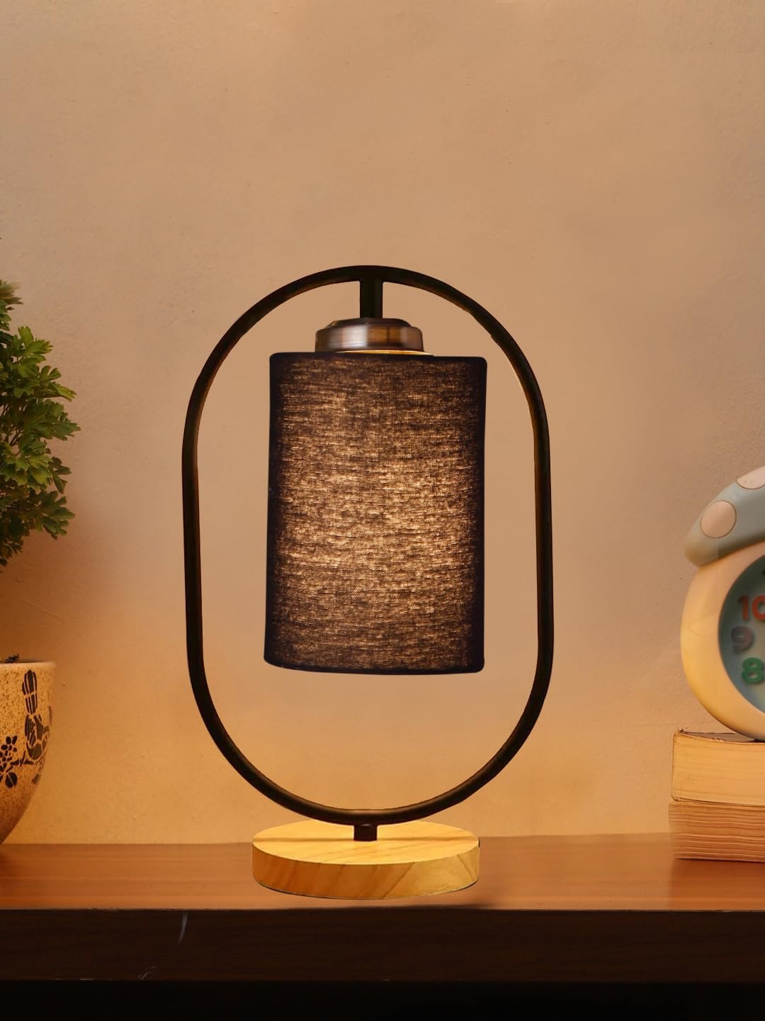 Black Cotton Drum Wooden & Iron Table Lamp -17 Inch Height -B