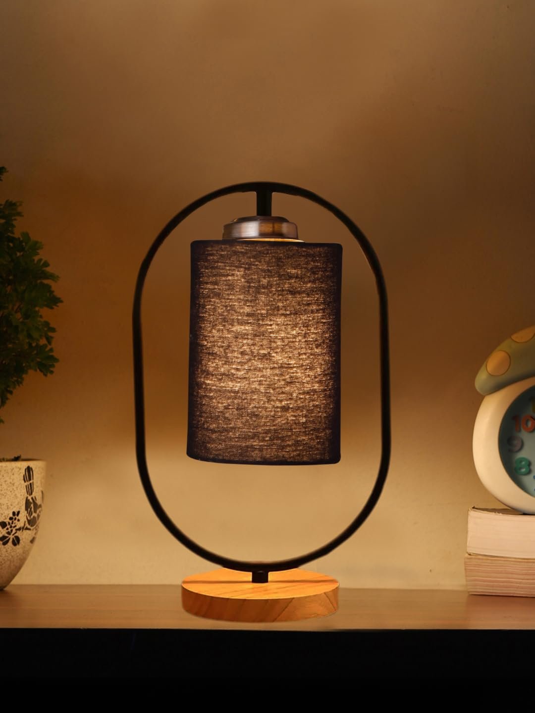 Black Cotton Drum Wooden & Iron Table Lamp -17 Inch Height -B