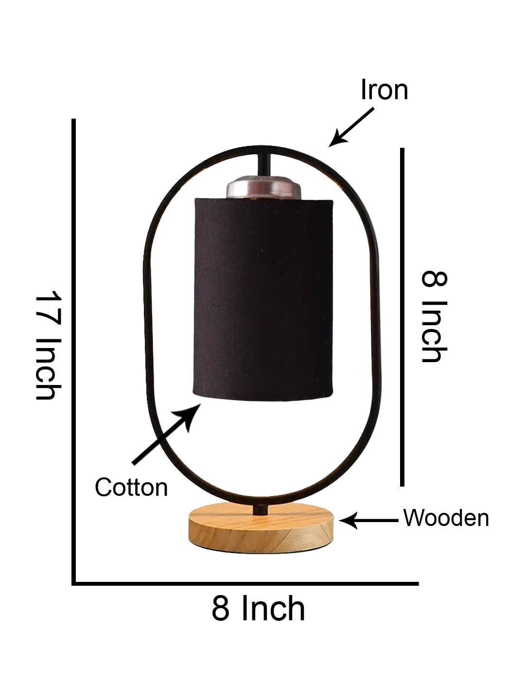 Black Cotton Drum Wooden & Iron Table Lamp -17 Inch Height -B