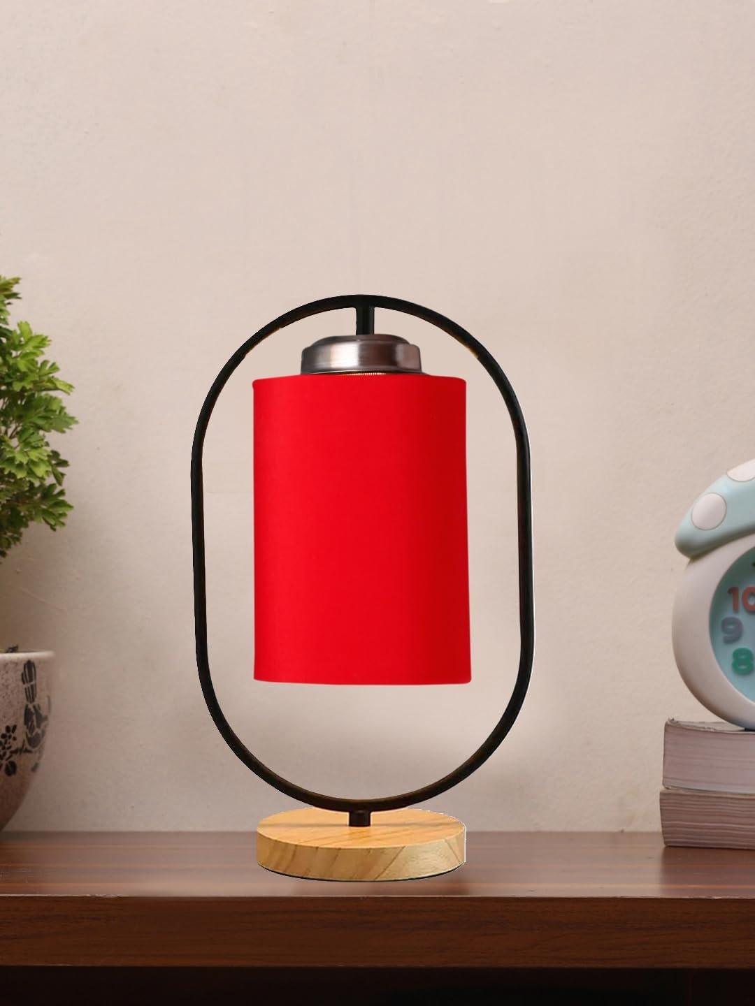 Red Cotton Drum Wooden & Iron Table Lamp -17 Inch Height -C