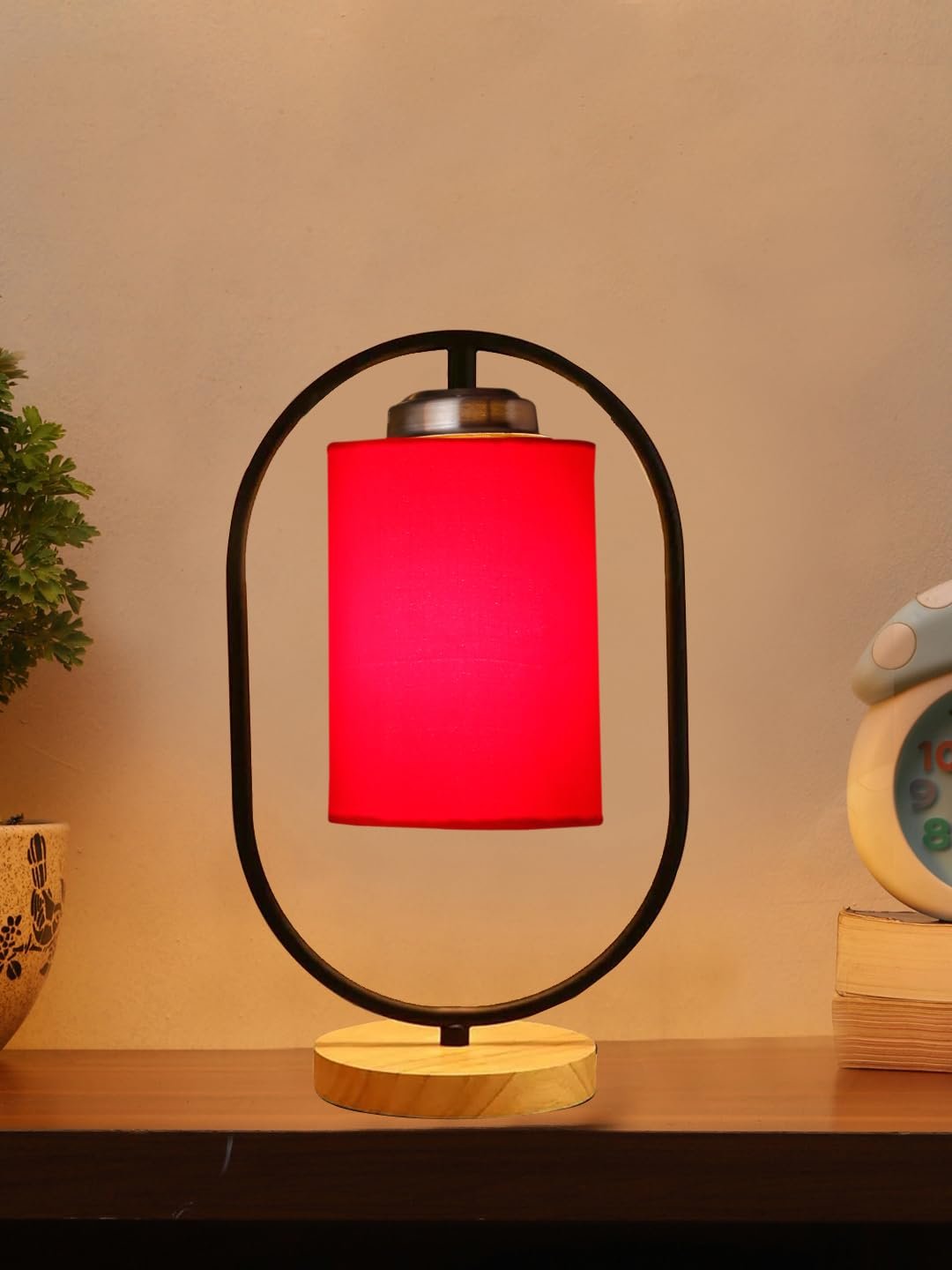 Red Cotton Drum Wooden & Iron Table Lamp -17 Inch Height -C