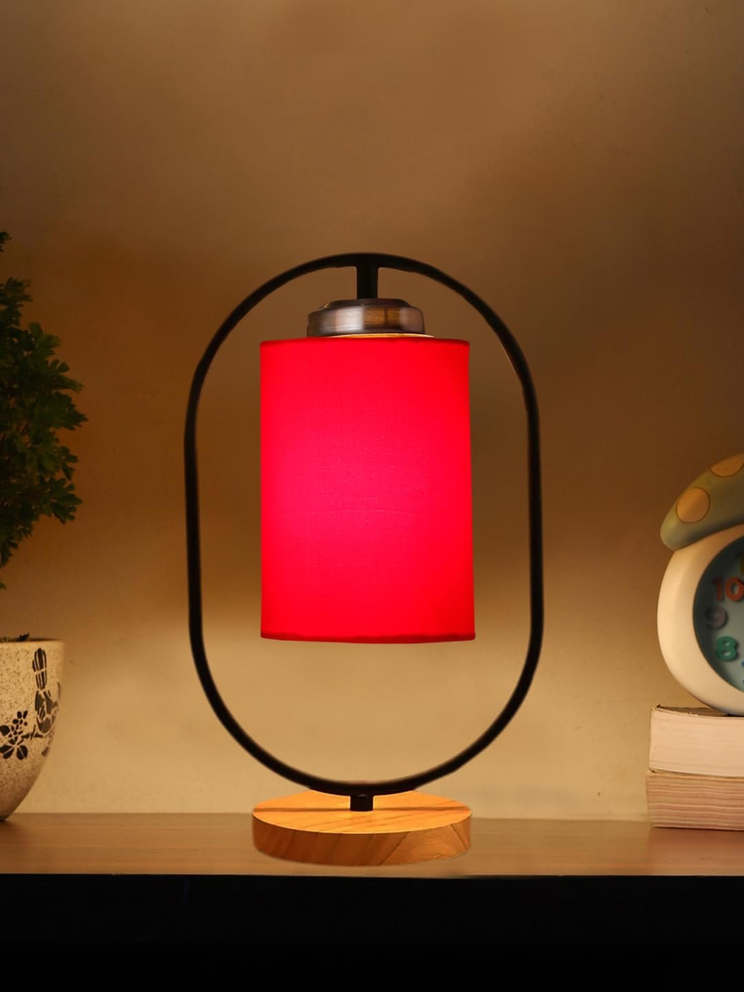 Red Cotton Drum Wooden & Iron Table Lamp -17 Inch Height -C