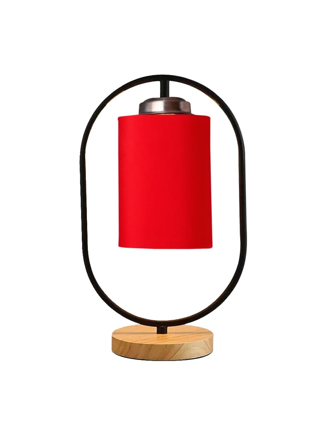 Red Cotton Drum Wooden & Iron Table Lamp -17 Inch Height -C
