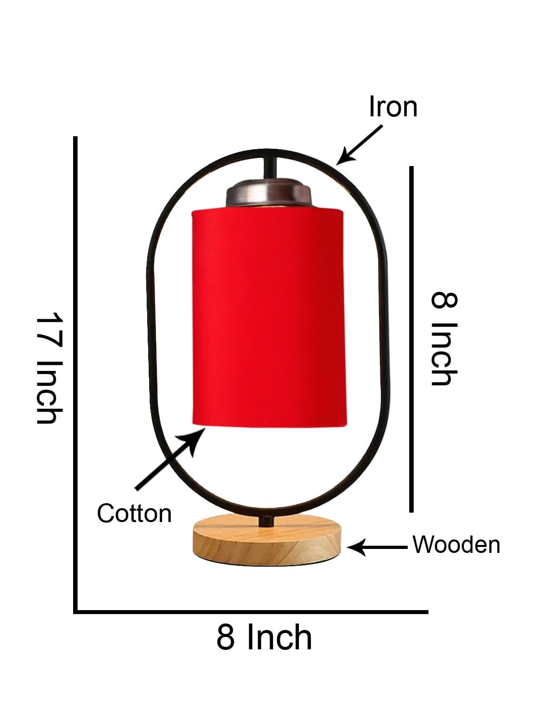 Red Cotton Drum Wooden & Iron Table Lamp -17 Inch Height -C