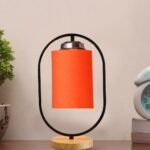 Orange Cotton Drum Wooden & Iron Table Lamp -17 Inch Height -D