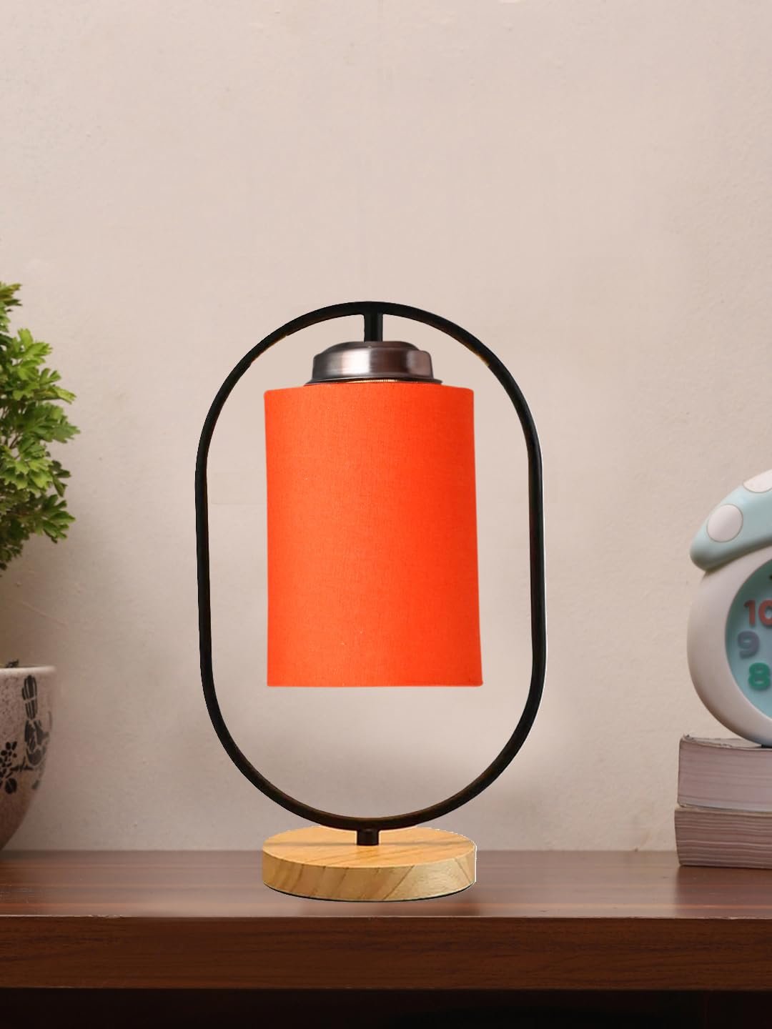 Orange Cotton Drum Wooden & Iron Table Lamp -17 Inch Height -D