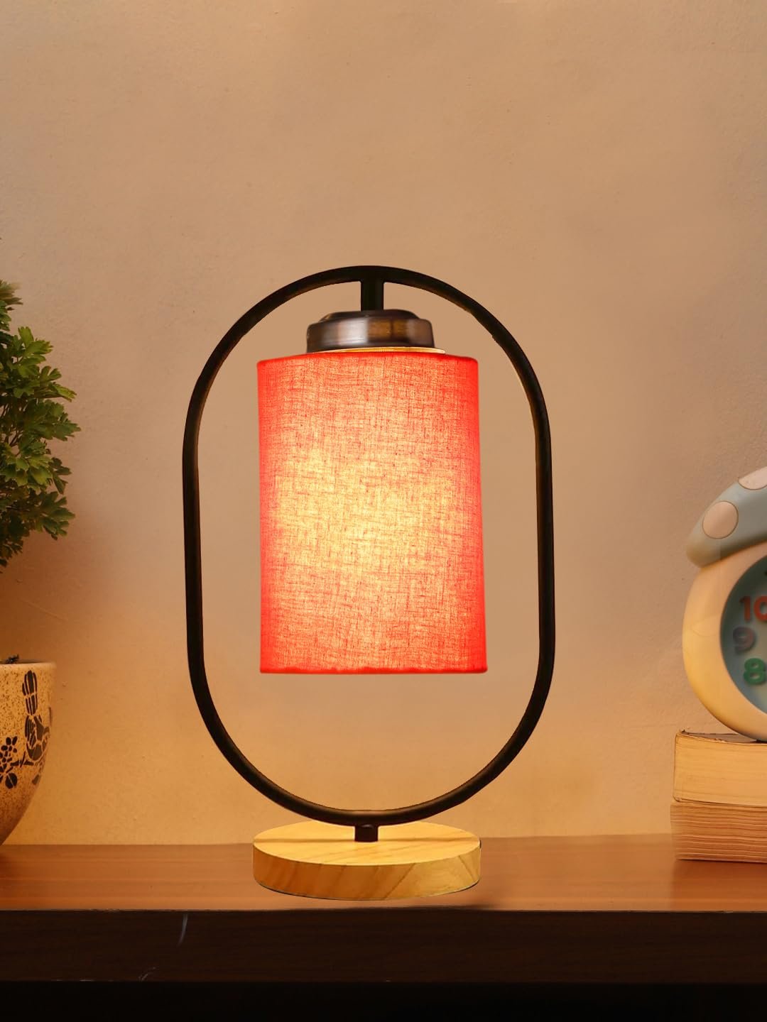 Orange Cotton Drum Wooden & Iron Table Lamp -17 Inch Height -D
