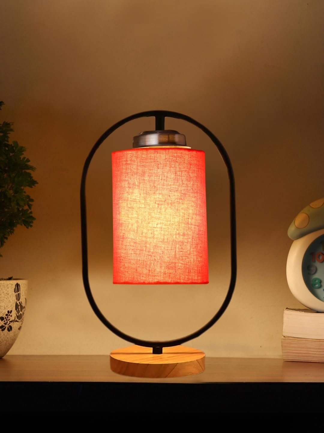 Orange Cotton Drum Wooden & Iron Table Lamp -17 Inch Height -D