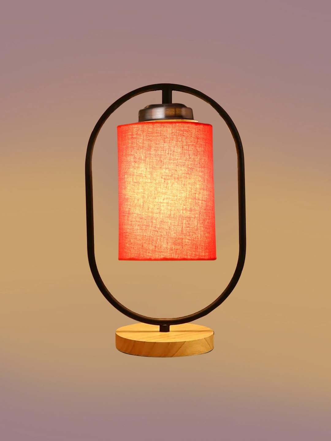Orange Cotton Drum Wooden & Iron Table Lamp -17 Inch Height -D