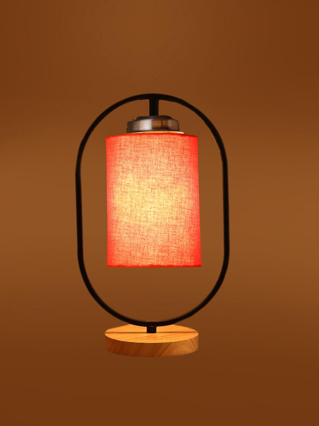 Orange Cotton Drum Wooden & Iron Table Lamp -17 Inch Height -D