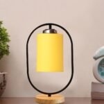Yellow Cotton Drum Wooden & Iron Table Lamp -17 Inch Height -E