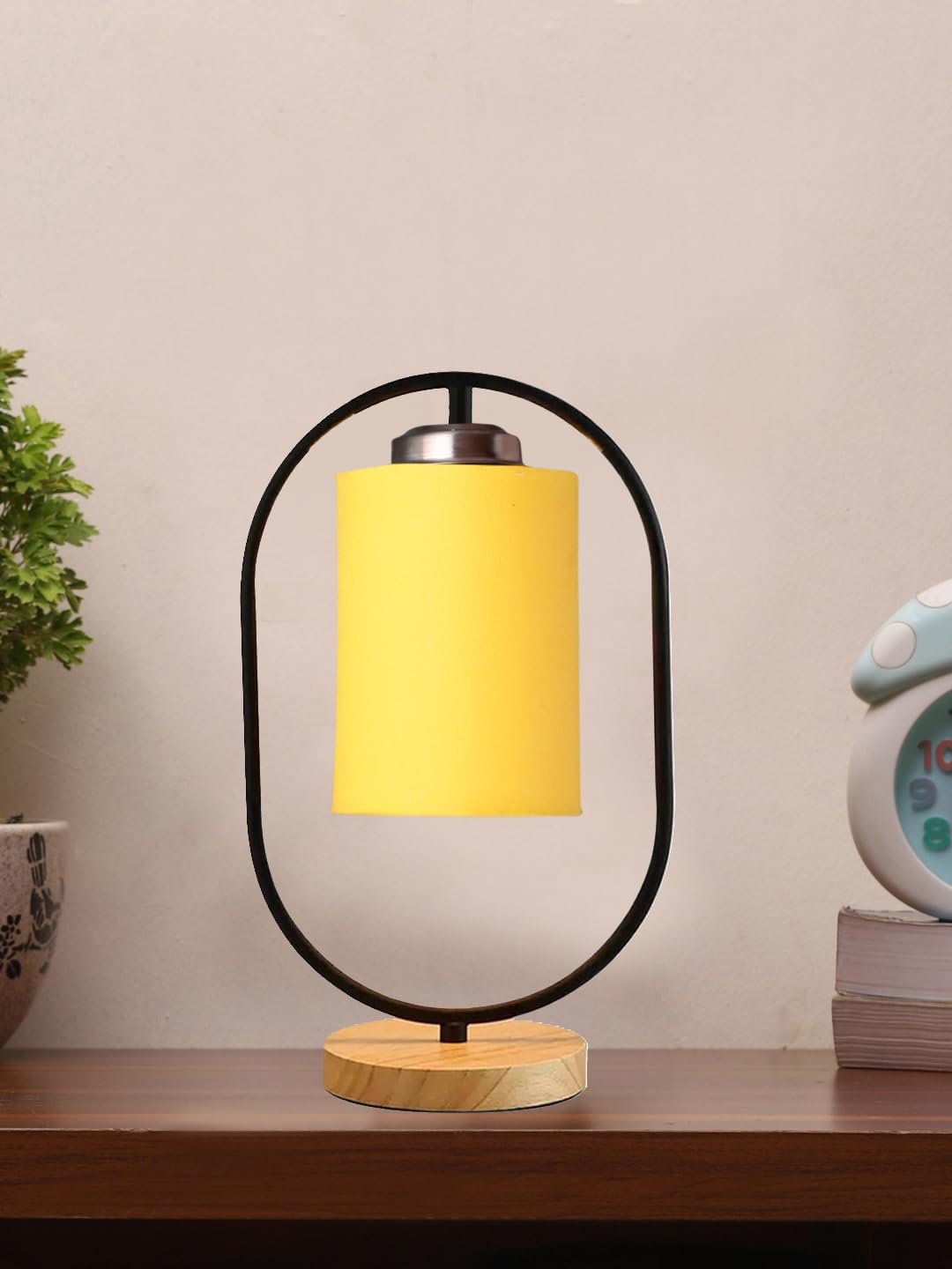 Yellow Cotton Drum Wooden & Iron Table Lamp -17 Inch Height -E