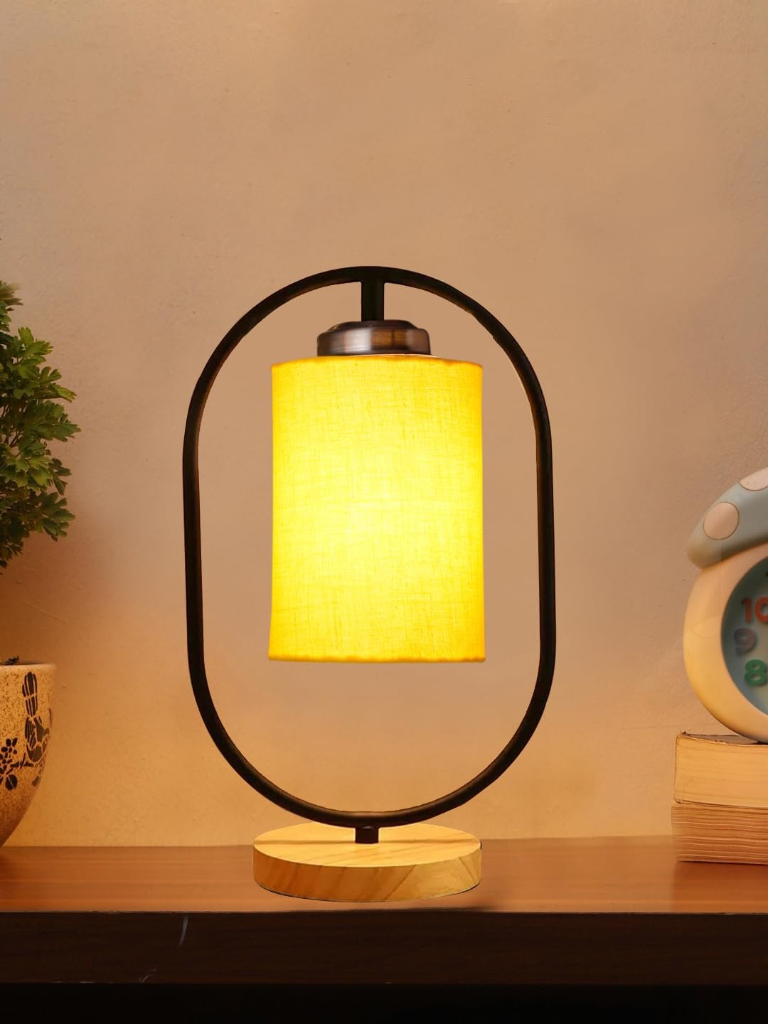 Yellow Cotton Drum Wooden & Iron Table Lamp -17 Inch Height -E