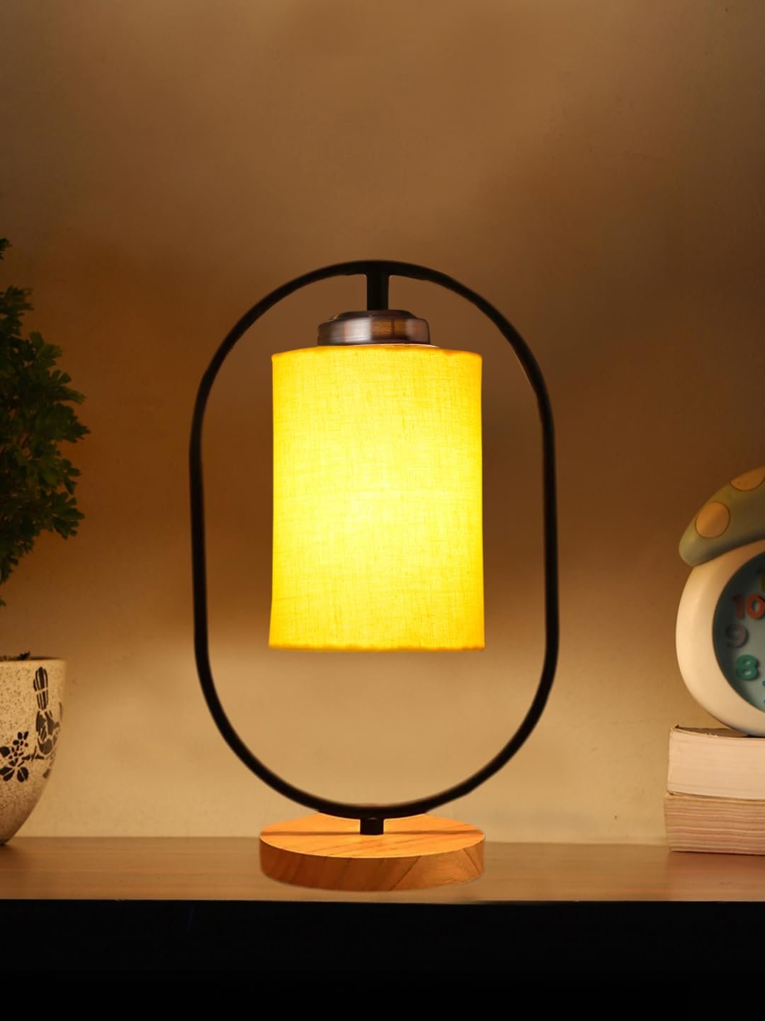Yellow Cotton Drum Wooden & Iron Table Lamp -17 Inch Height -E