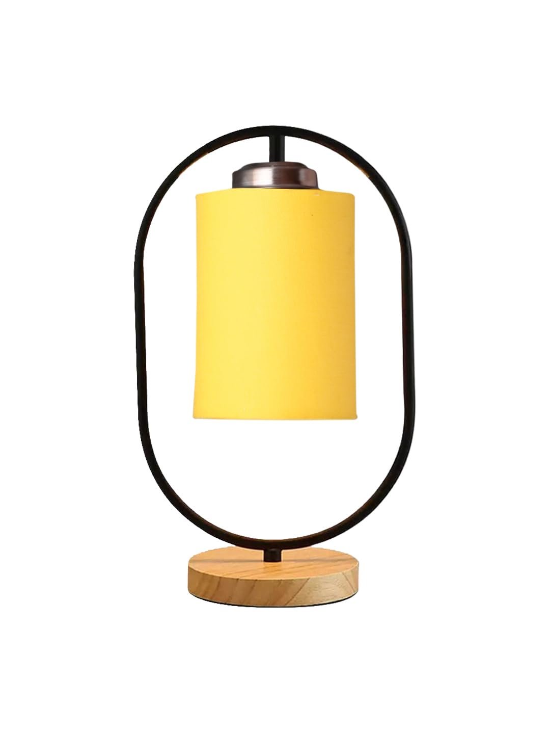 Yellow Cotton Drum Wooden & Iron Table Lamp -17 Inch Height -E