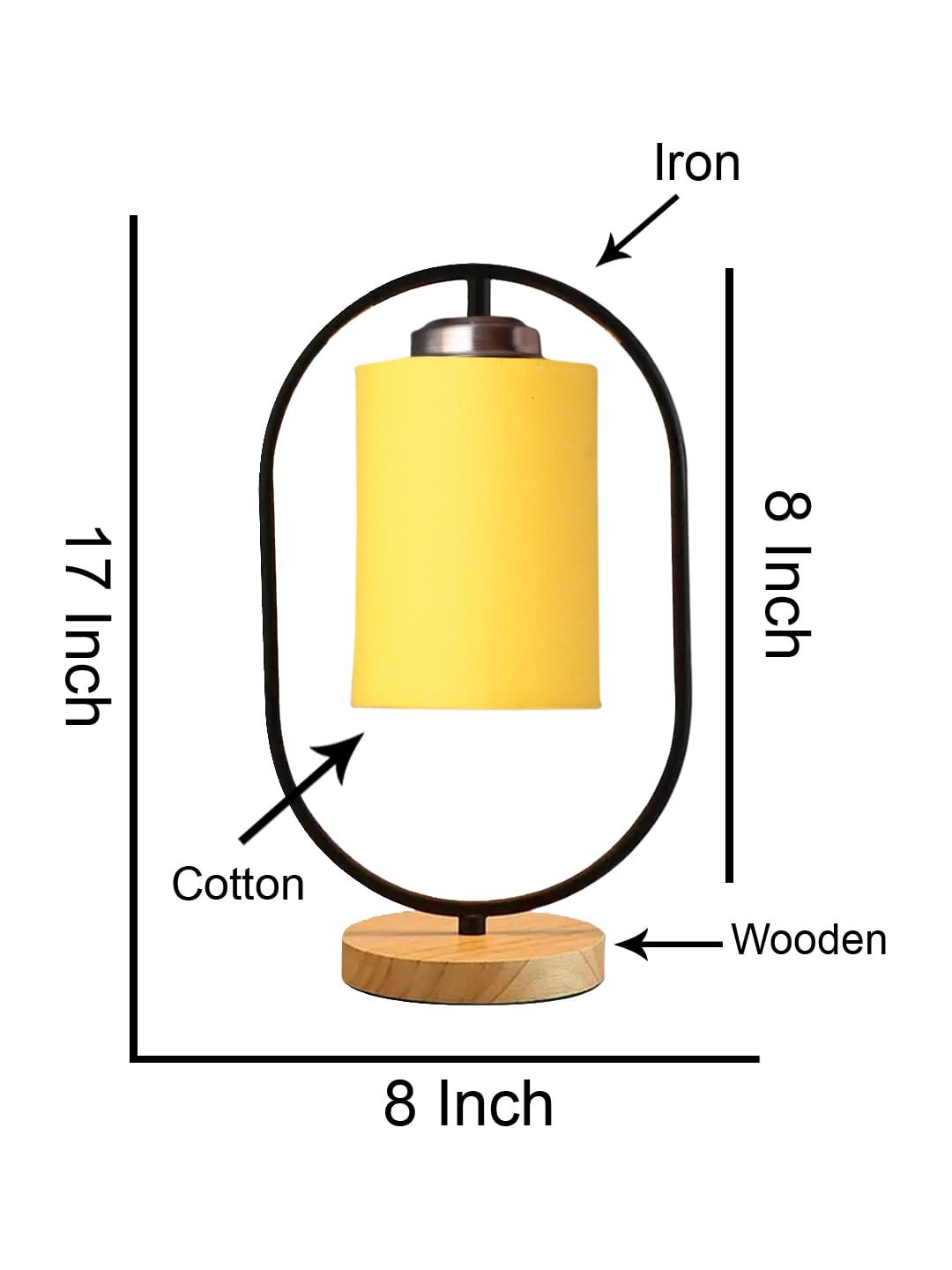 Yellow Cotton Drum Wooden & Iron Table Lamp -17 Inch Height -E