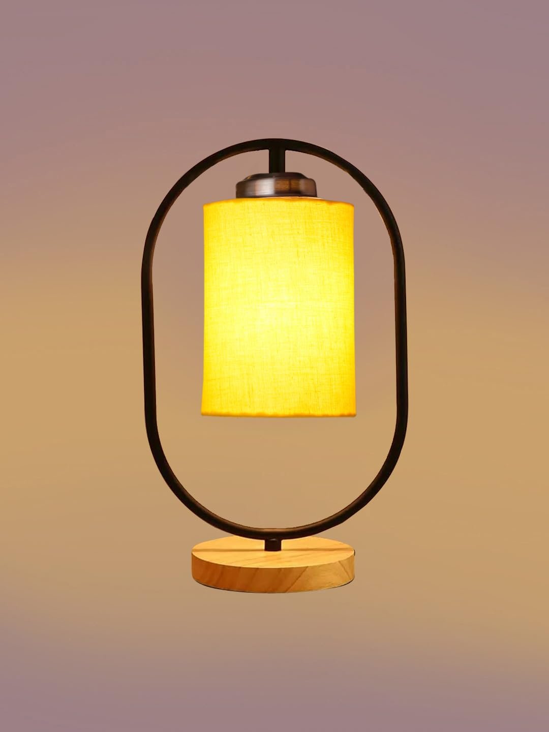 Yellow Cotton Drum Wooden & Iron Table Lamp -17 Inch Height -E