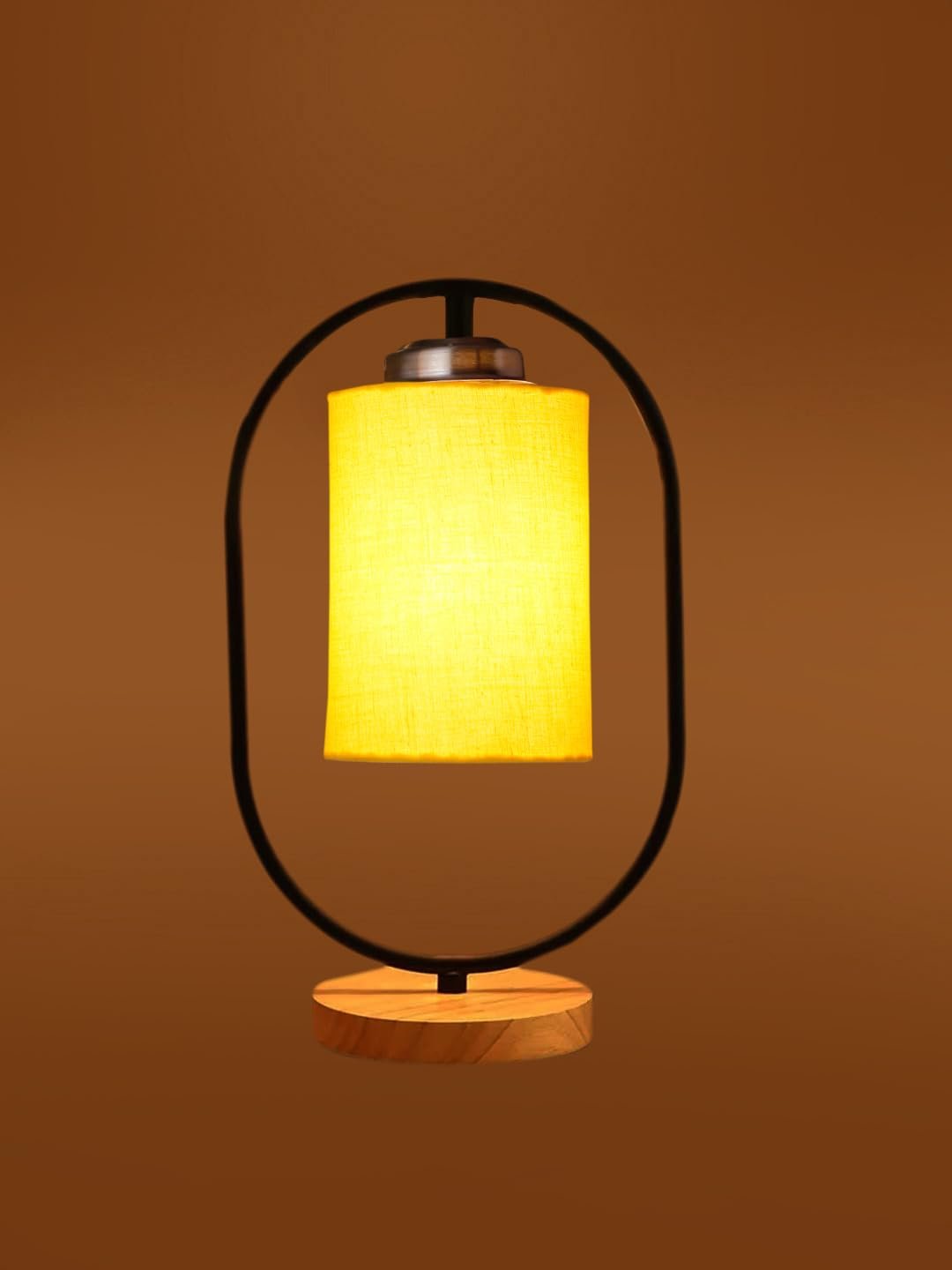Yellow Cotton Drum Wooden & Iron Table Lamp -17 Inch Height -E